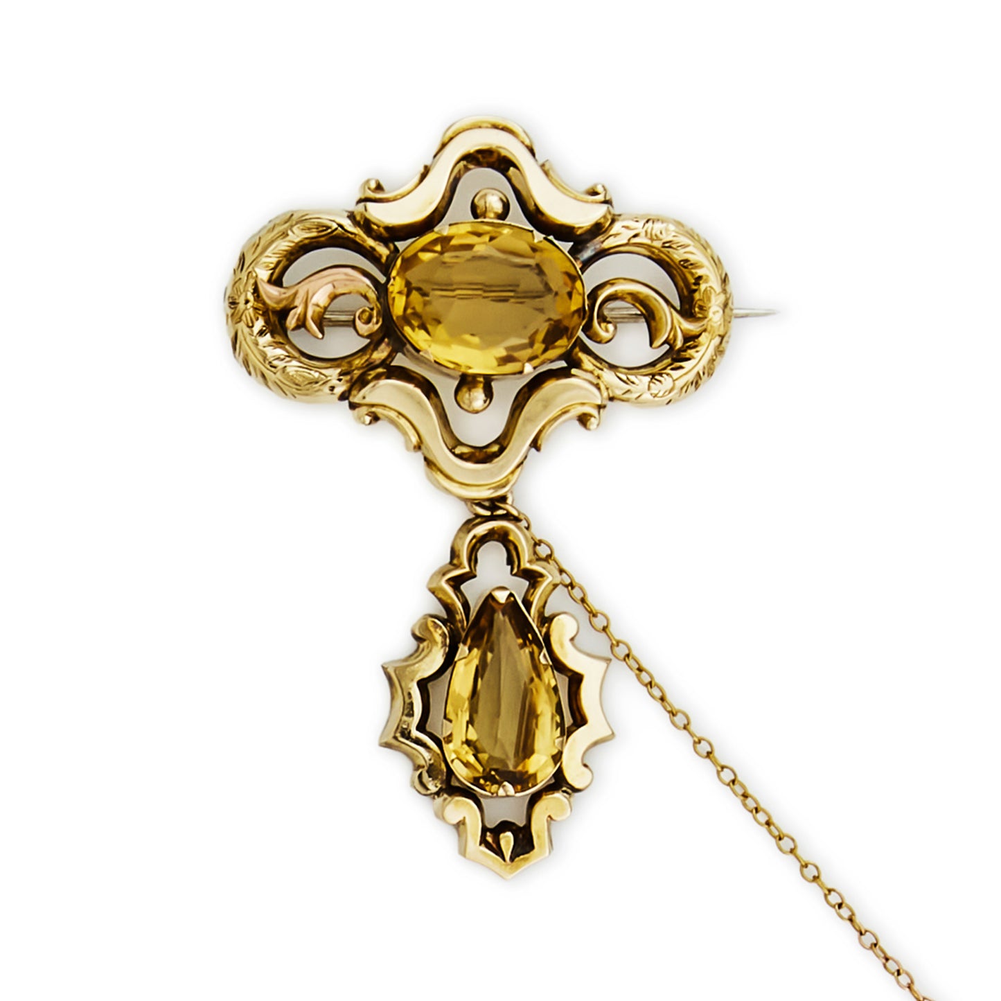 Exquisite 9ct gold Victorian brooch set with two beautifully faceted, golden colour citrines, one in a dangling drop. Dated 1852.