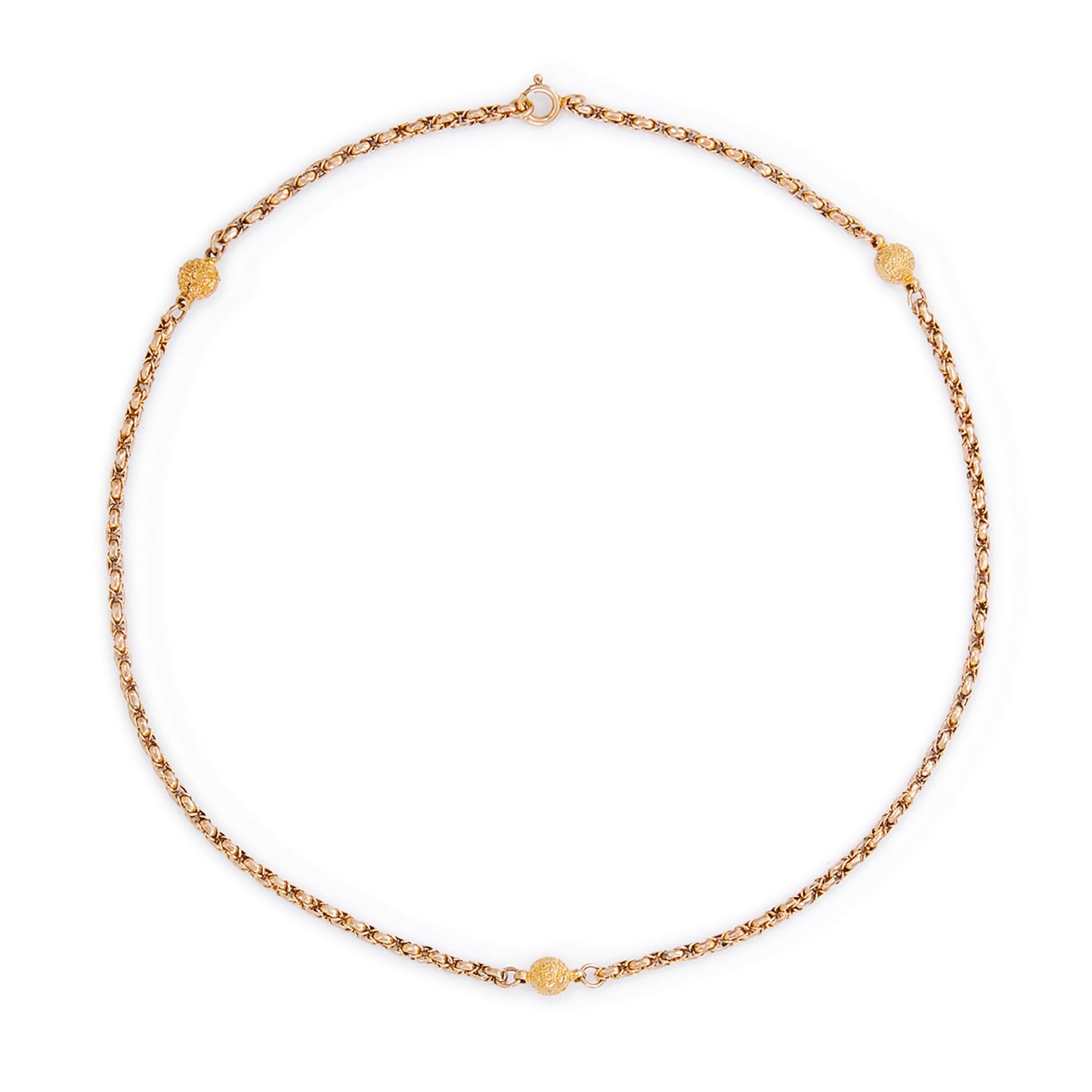 Lovely Victorian 9ct rose and yellow gold fancy rope link chain, accented with three textured ball connectors.
