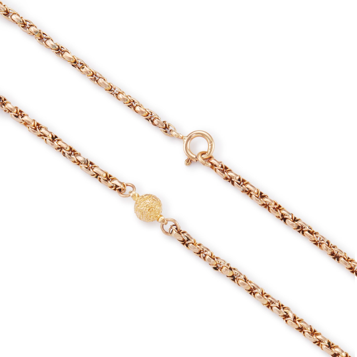 Lovely Victorian 9ct rose and yellow gold fancy rope link chain, accented with three textured ball connectors.