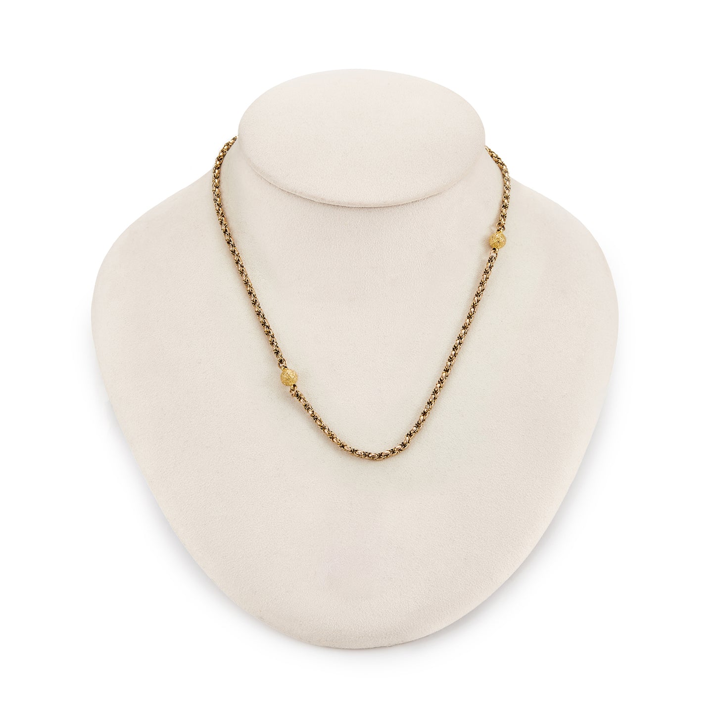 Lovely Victorian 9ct rose and yellow gold fancy rope link chain, accented with three textured ball connectors.