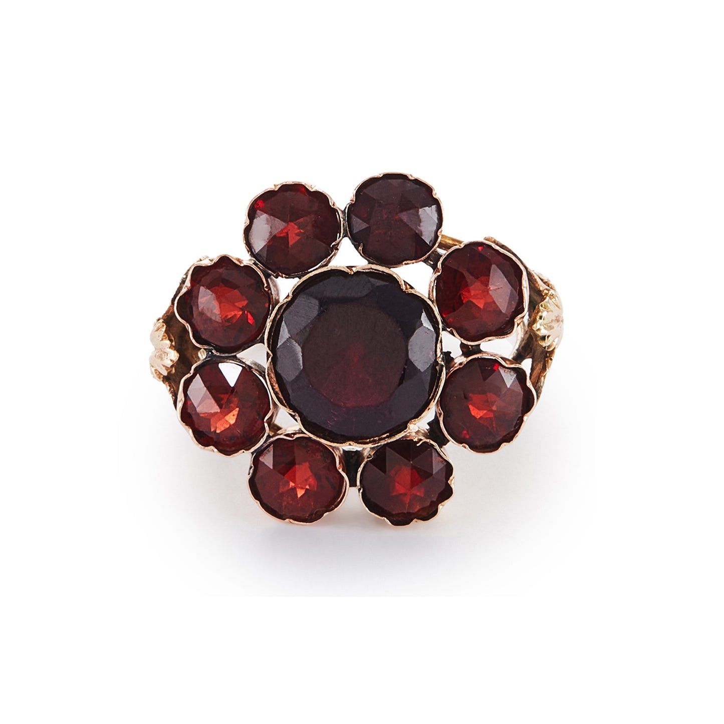 Spectacular Victorian 9ct gold cocktail ring with nine deep red Bohemian garnets in a cluster setting. The ring has lovely scrollwork detail on the shoulders.