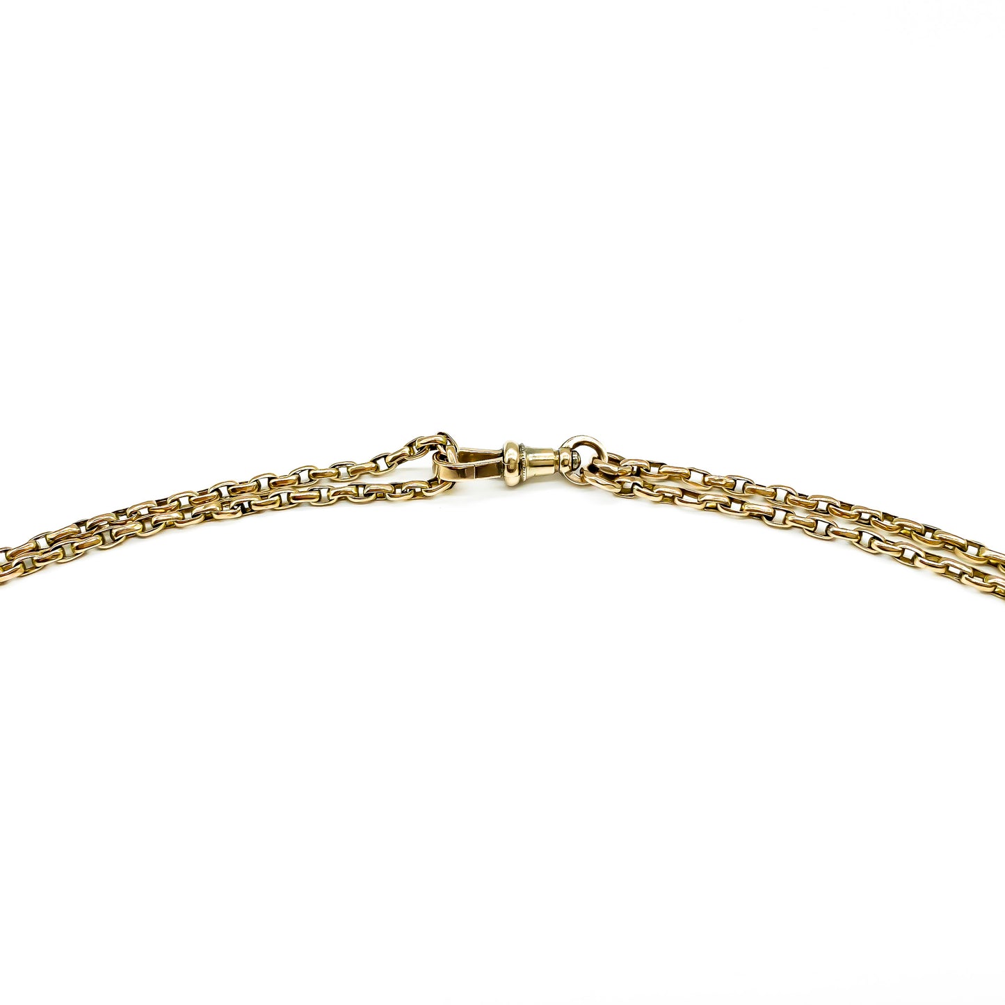 Stylish Victorian 9ct gold box link long guard chain with a dog-clip. Long enough to be draped around the neck two or three times.