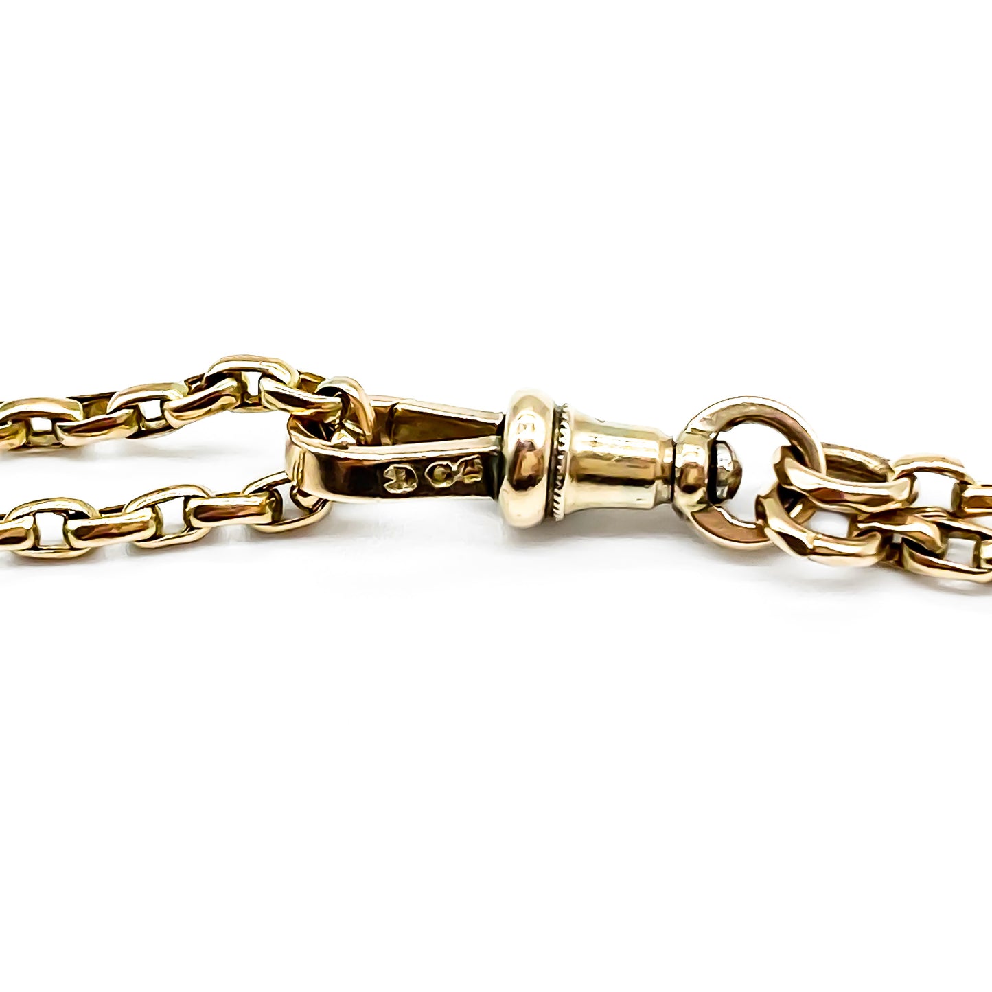 Stylish Victorian 9ct gold box link long guard chain with a dog-clip. Long enough to be draped around the neck two or three times.