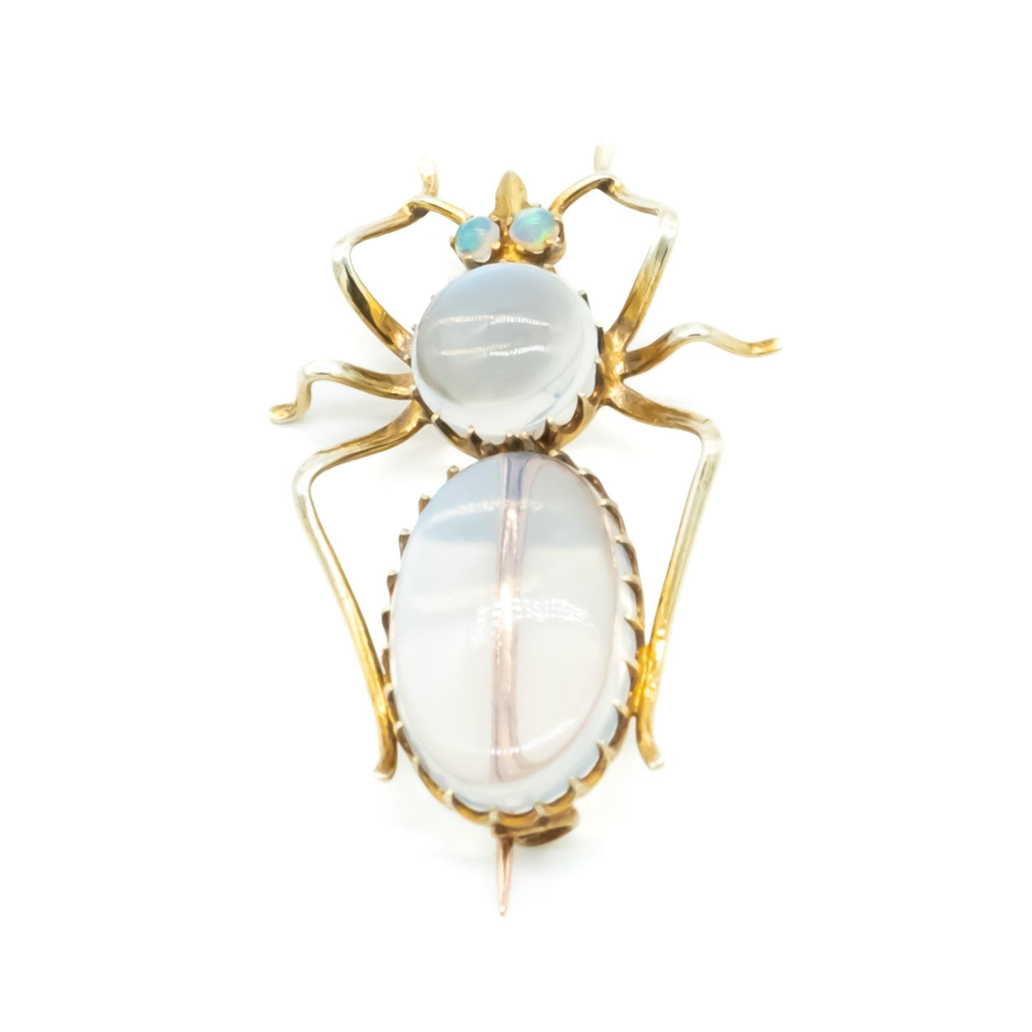 Charming Victorian 9ct gold insect brooch with a moonstone cabochon body, and fluorescent opal eyes.