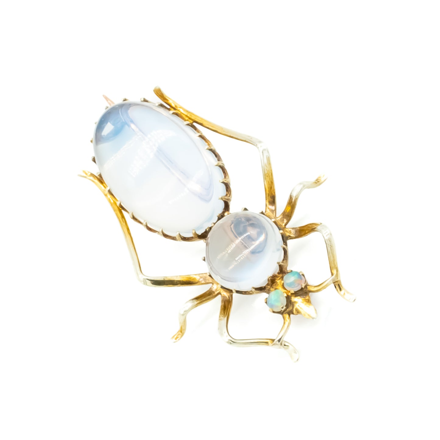 Charming Victorian 9ct gold insect brooch with a moonstone cabochon body, and fluorescent opal eyes.