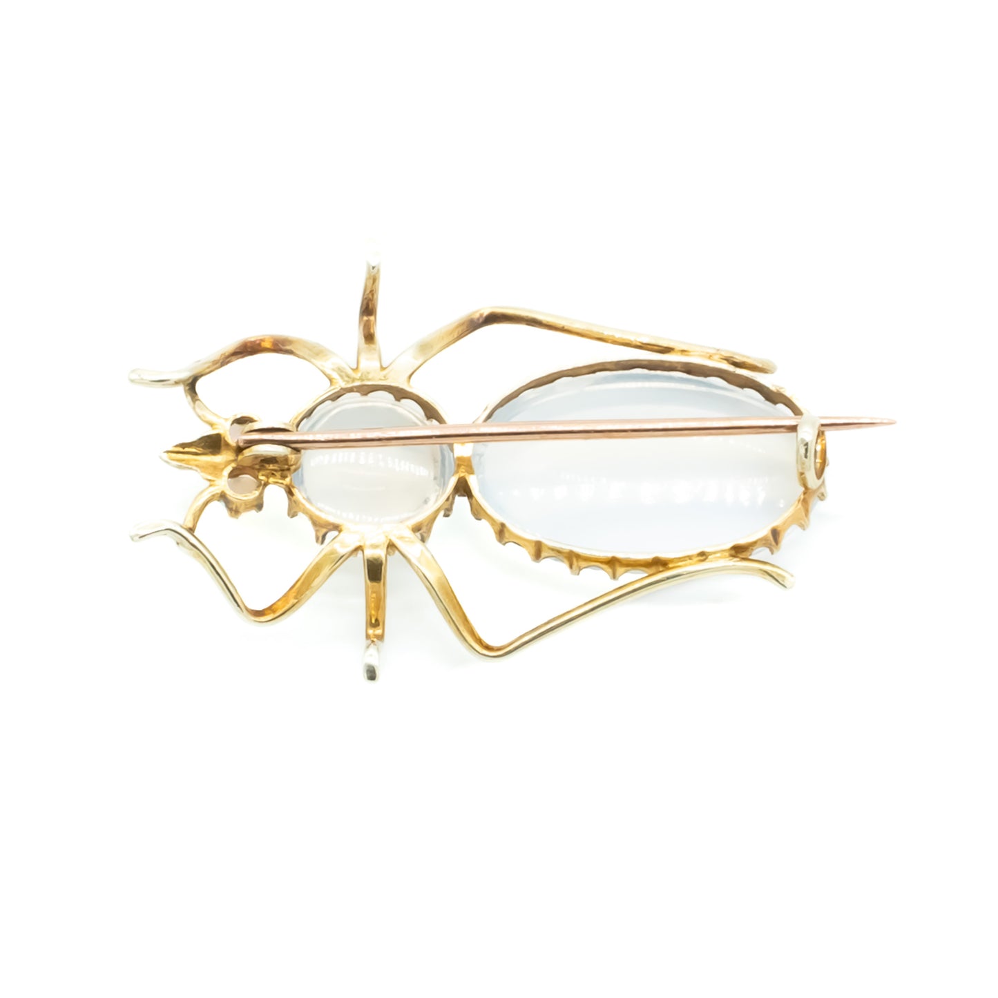 Charming Victorian 9ct gold insect brooch with a moonstone cabochon body, and fluorescent opal eyes.