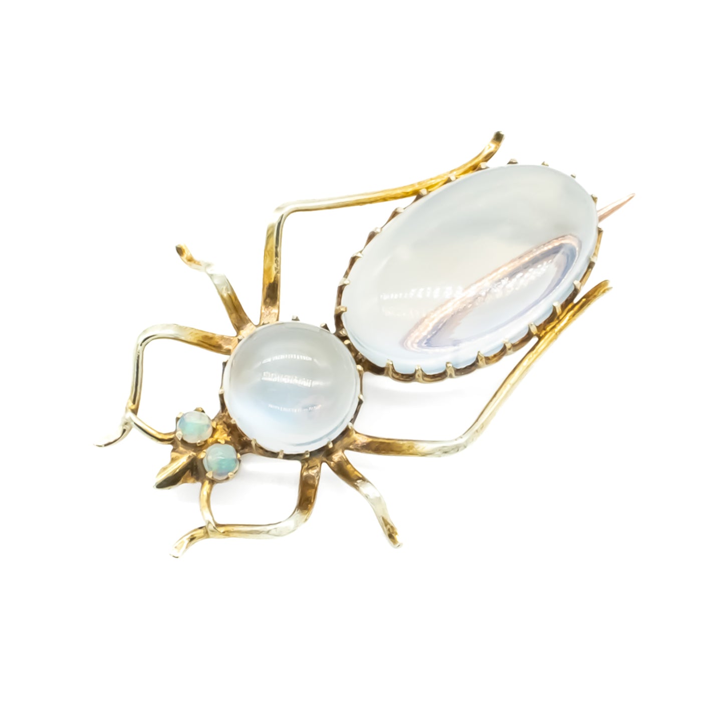 Charming Victorian 9ct gold insect brooch with a moonstone cabochon body, and fluorescent opal eyes.