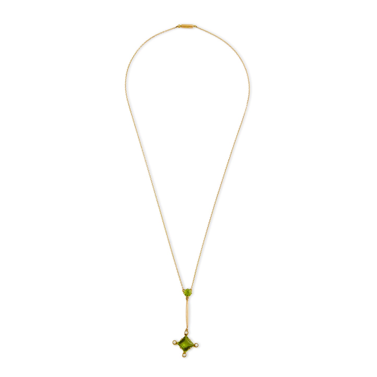 Delicate Victorian 9ct gold dangling pendant, set with two peridots and four seed pearls. Barrel clasp.