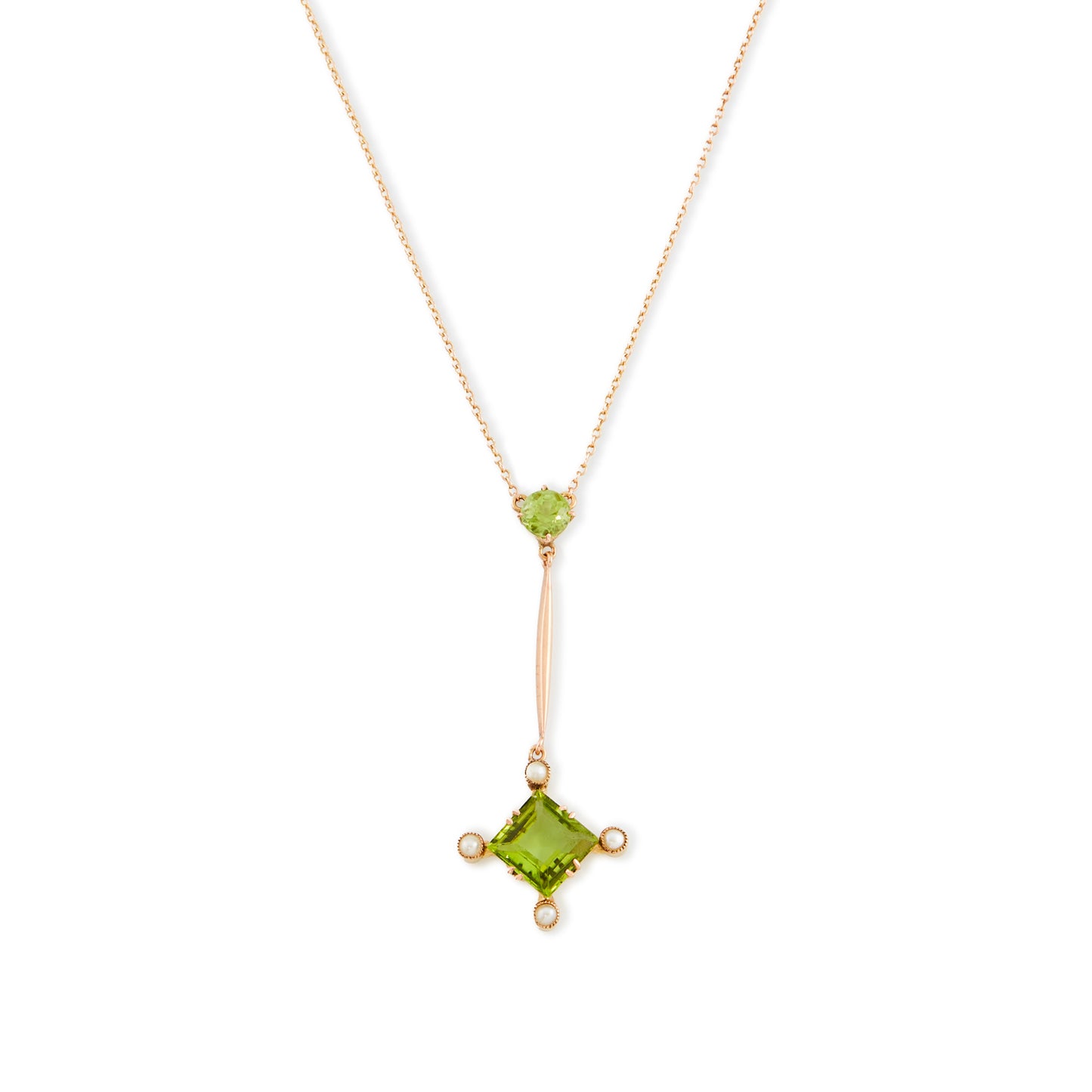 Delicate Victorian 9ct gold dangling pendant, set with two peridots and four seed pearls. Barrel clasp.