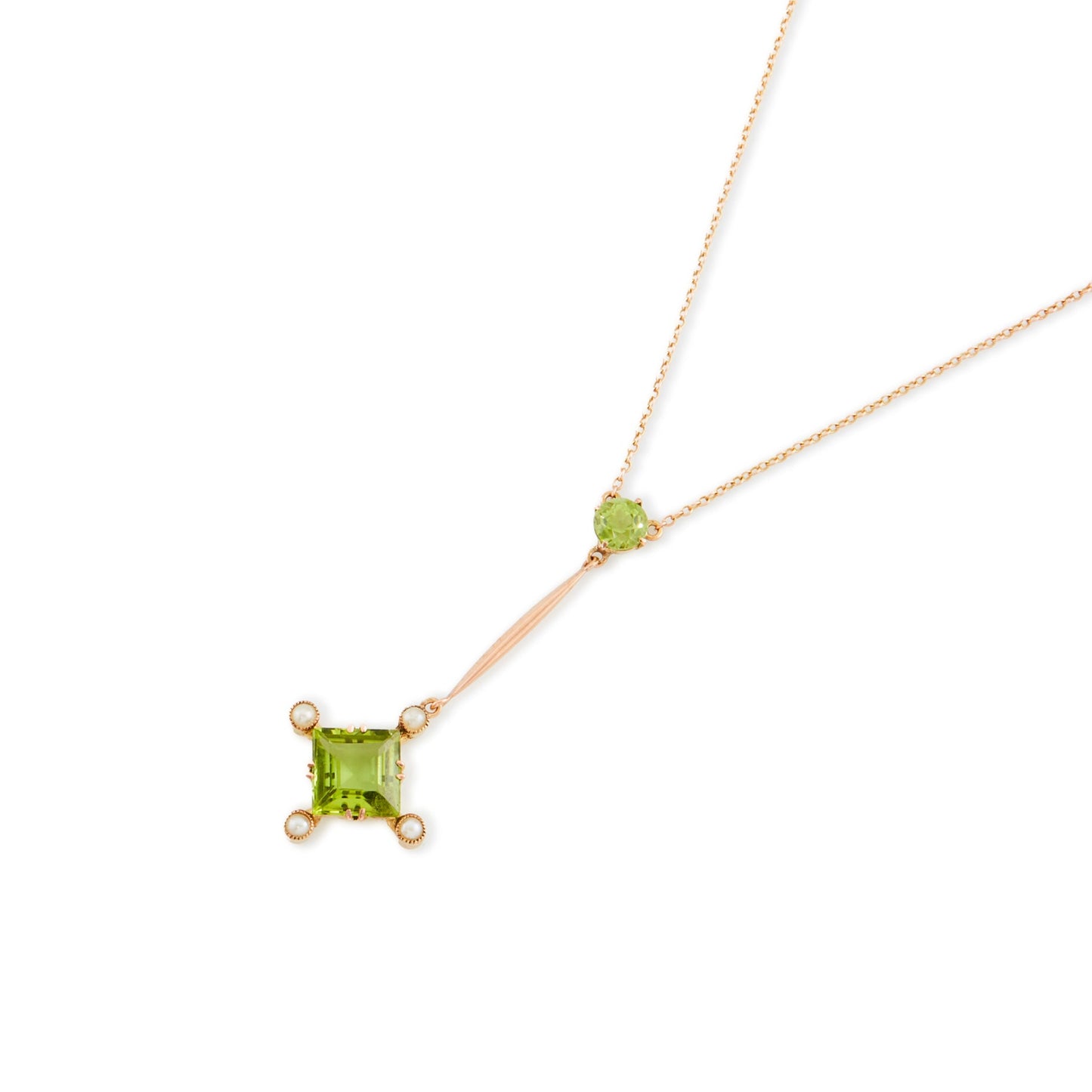 Delicate Victorian 9ct gold dangling pendant, set with two peridots and four seed pearls. Barrel clasp.