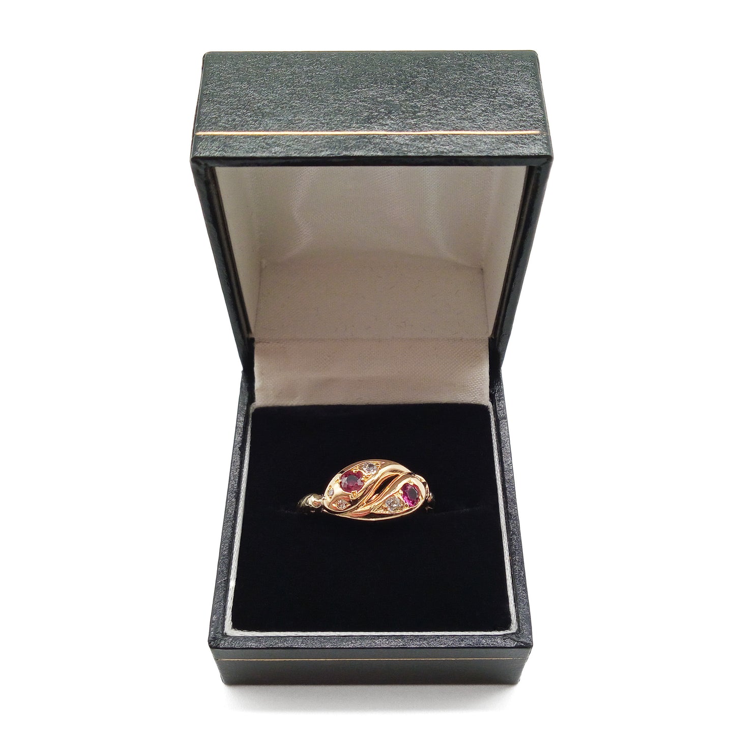 Stunning Victorian 9ct gold snake ring set with two rubies and six old-cut diamonds.