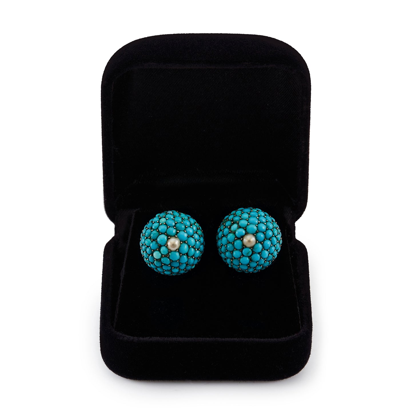 Exquisite Victorian 9ct gold stud earrings with turquoise stones in a petit point setting, centred by single seed pearl.