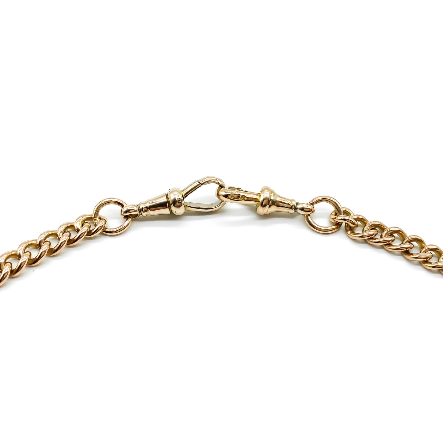 Classic Victorian 9ct rose gold curb-link chain with two dog-clips. Every link is stamped.