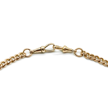 Classic Victorian 9ct rose gold curb-link chain with two dog-clips. Every link is stamped.