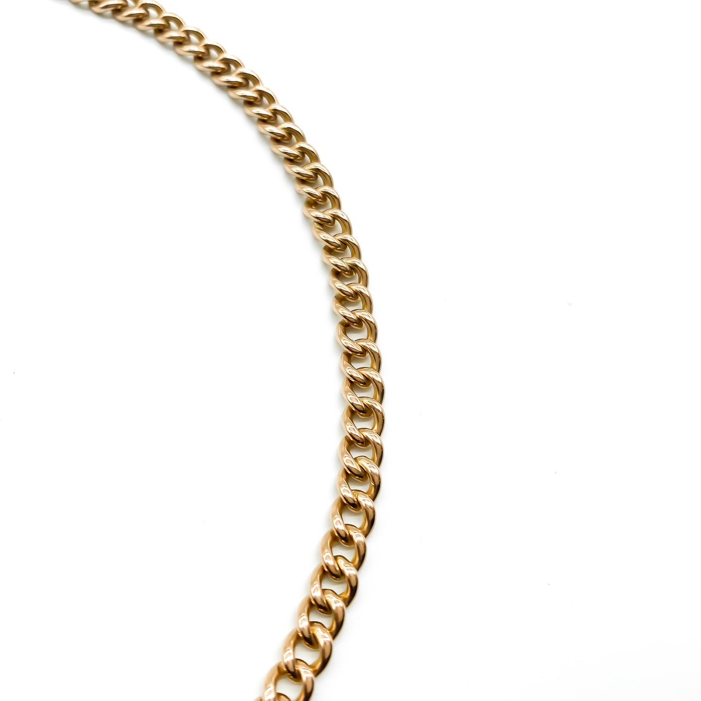 Classic Victorian 9ct rose gold curb-link chain with two dog-clips. Every link is stamped.