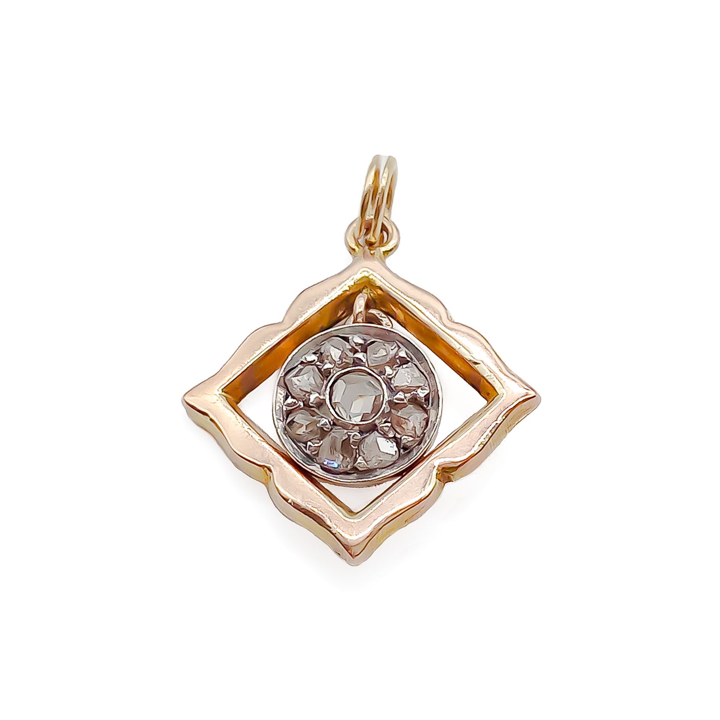 Lovely Victorian rose gold pendant with a diamond chip encrusted centre drop.