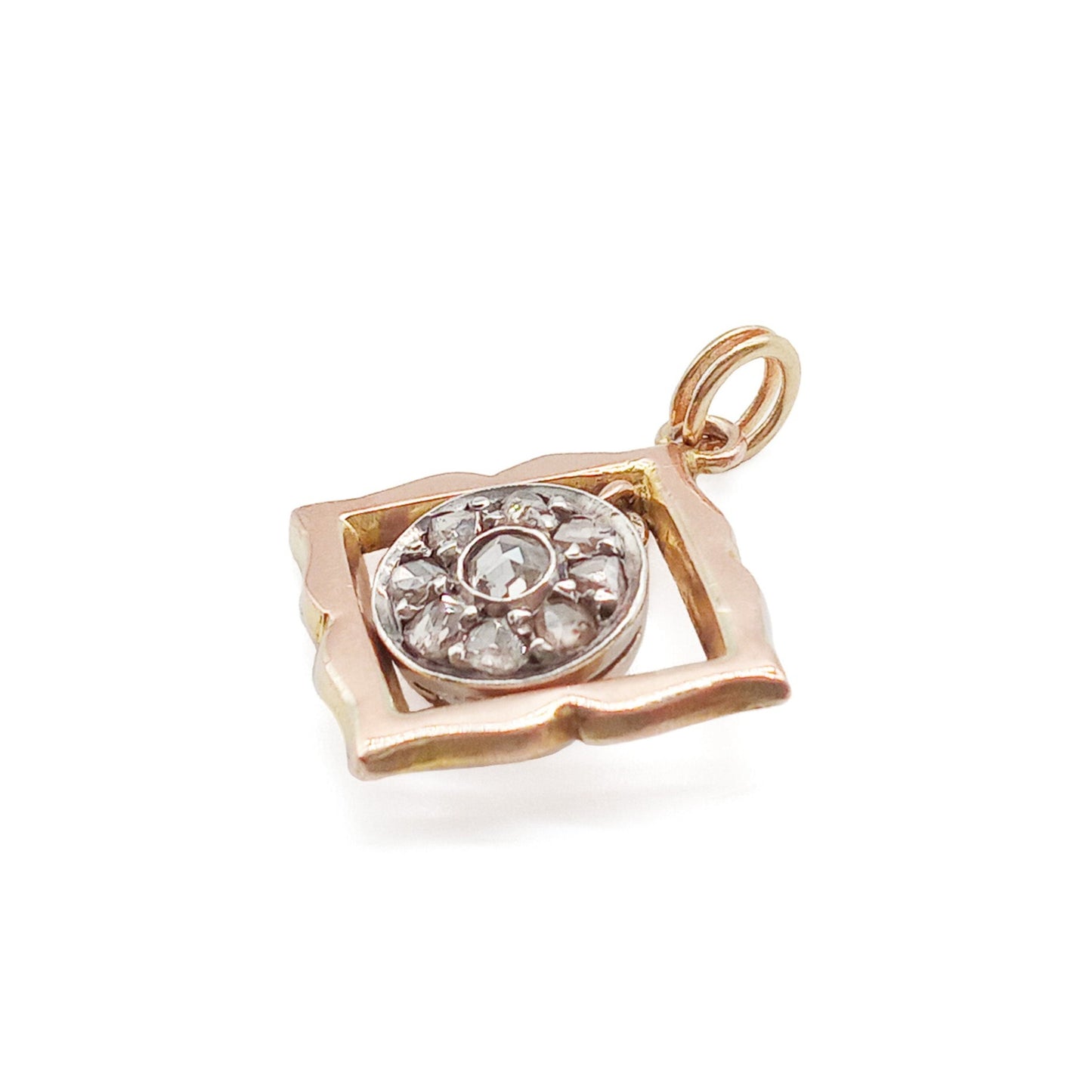 Lovely Victorian rose gold pendant with a diamond chip encrusted centre drop.