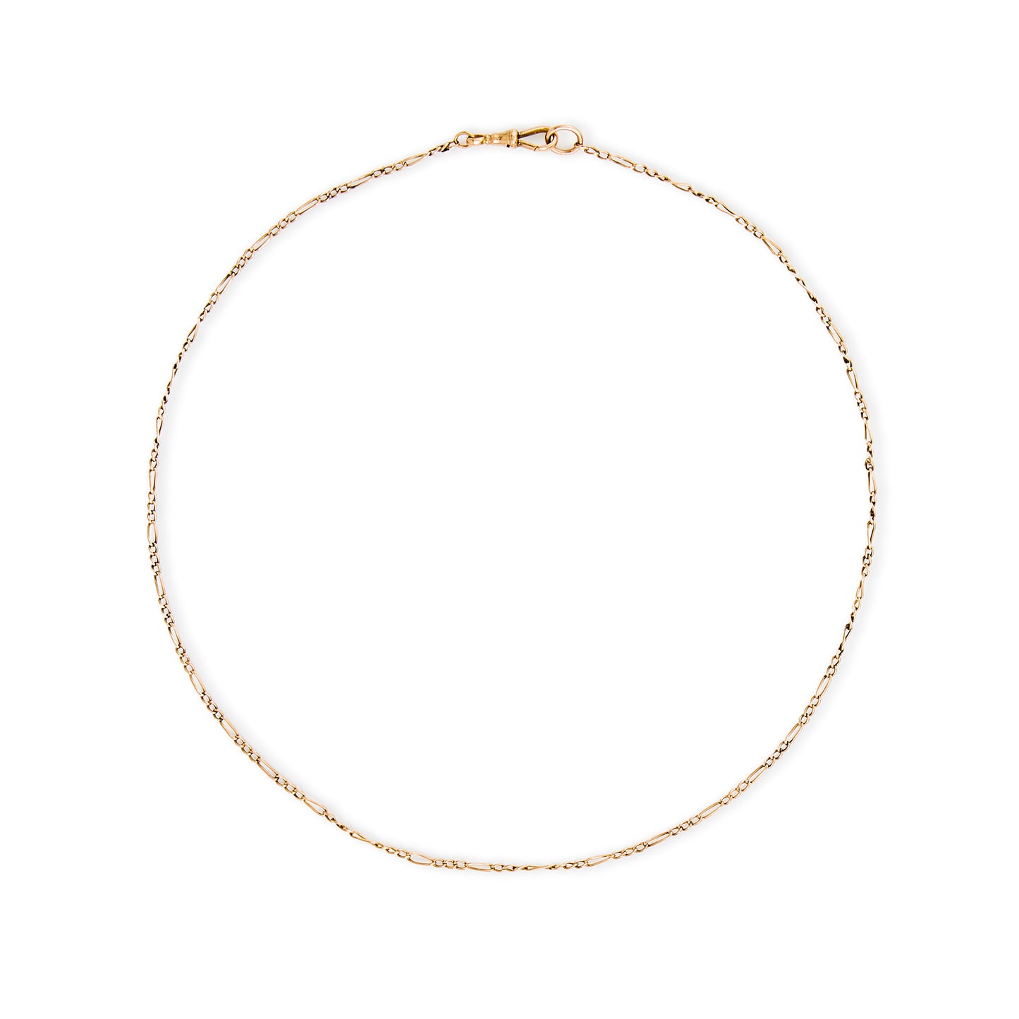 Delicate Victorian 9ct rose gold figaro link chain, with a dog clip clasp.
