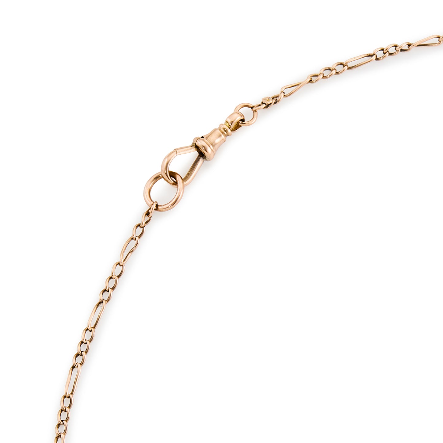 Delicate Victorian 9ct rose gold figaro link chain, with a dog clip clasp.