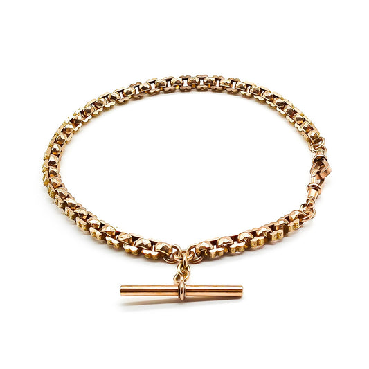 Gorgeous Victorian 9ct rose gold fancy link fob chain with two dog-clips and a T-bar. Can be draped around the wrist twice to be worn as a bracelet.