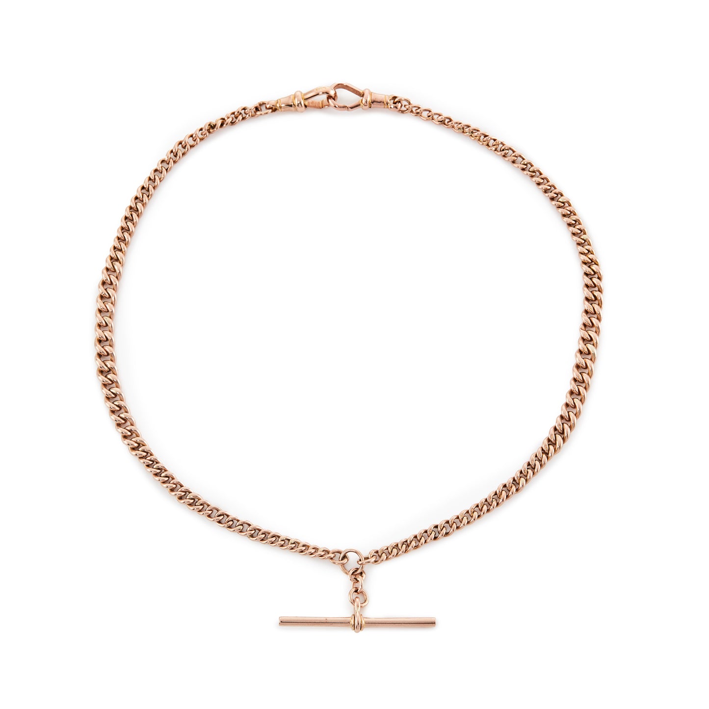 Classic Victorian 9ct rose gold fob chain with two dog clips and a t-bar.