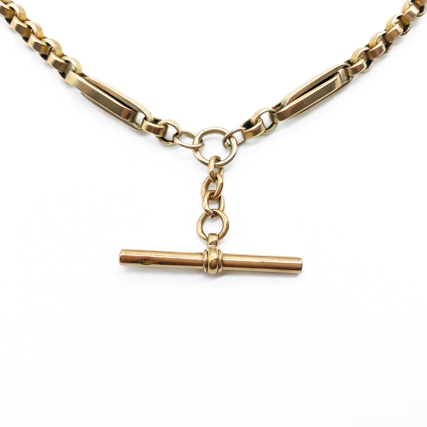 Stylish Victorian 9ct rose gold fancy link fob chain with a t-bar and two dog clips.