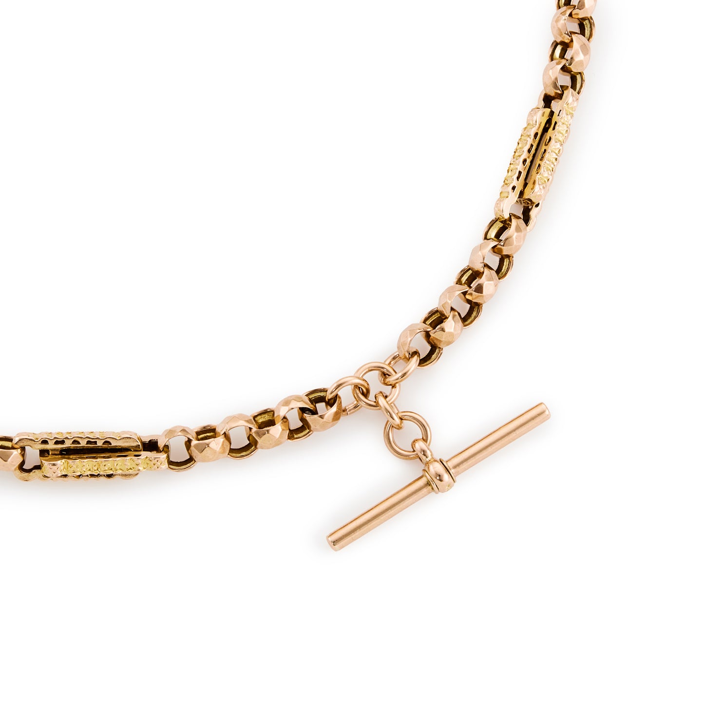 Sought after Victorian ornate link 9ct rose gold fob chain with two dog clips and a t-bar.