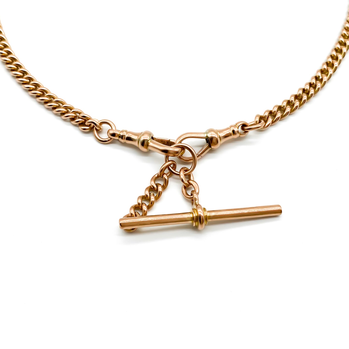 Classic Victorian 9ct rose gold fob chain with two dog-clips and a t-bar. Every link is stamped.