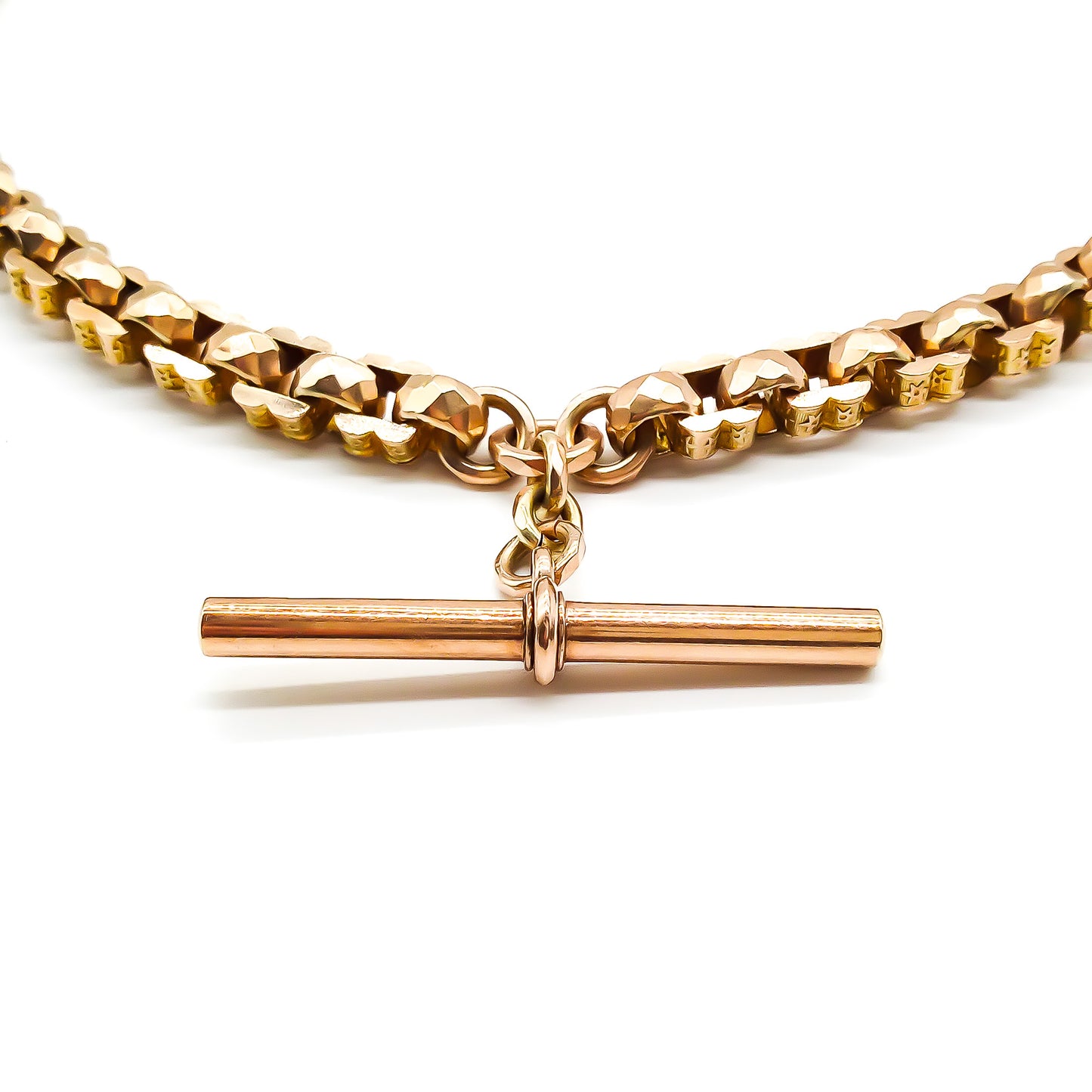 Gorgeous Victorian 9ct rose gold fancy link fob chain with two dog-clips and a T-bar. Can be draped around the wrist twice to be worn as a bracelet.