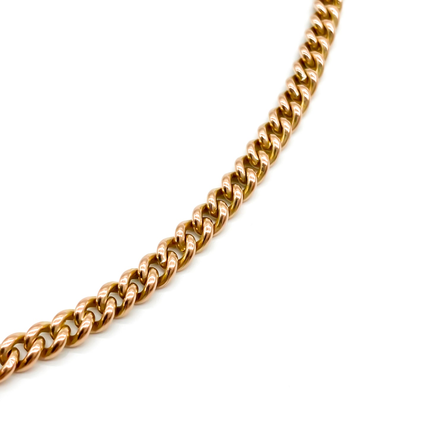 Classic Victorian 9ct rose gold fob chain with two dog-clips and a t-bar. Every link is stamped.