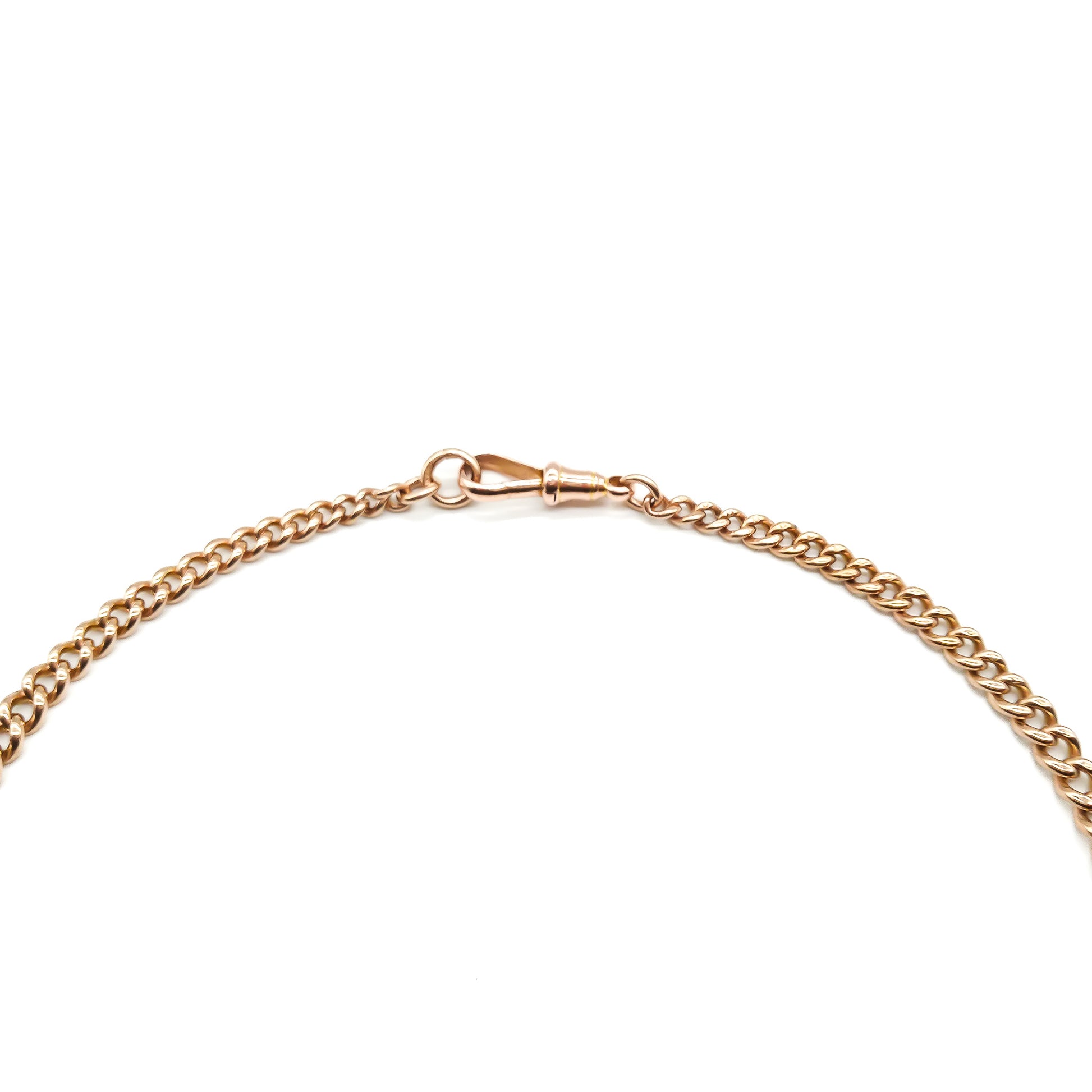 Classic Victorian 9ct rose gold graduated curb link fob chain with a dog-clip and T-bar.