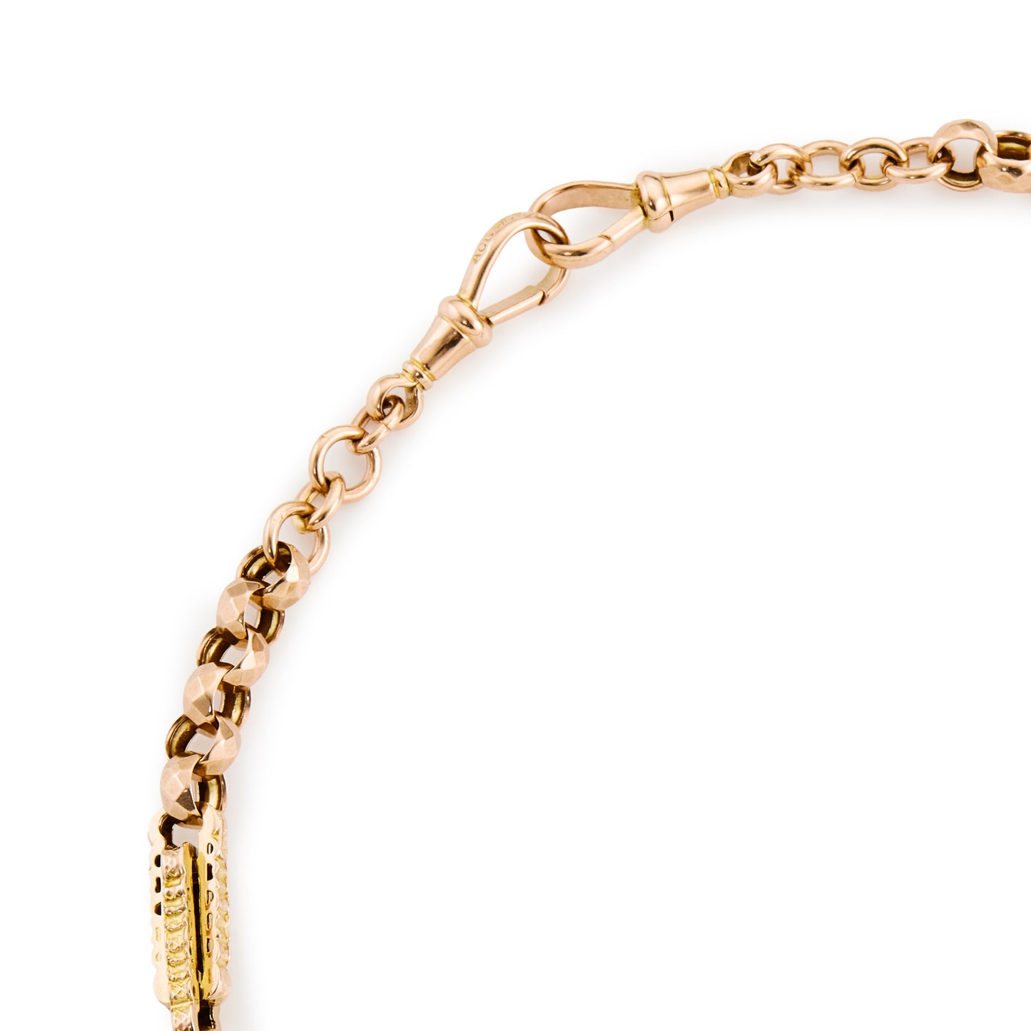Sought after Victorian ornate link 9ct rose gold fob chain with two dog clips and a t-bar.