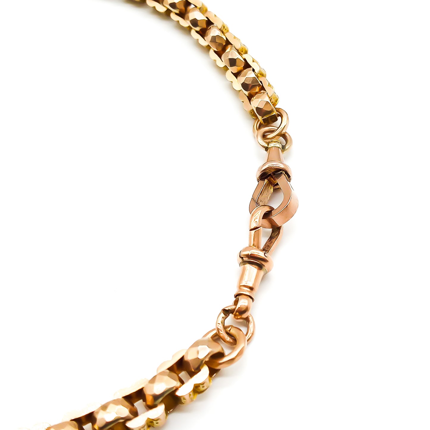 Gorgeous Victorian 9ct rose gold fancy link fob chain with two dog-clips and a T-bar. Can be draped around the wrist twice to be worn as a bracelet.