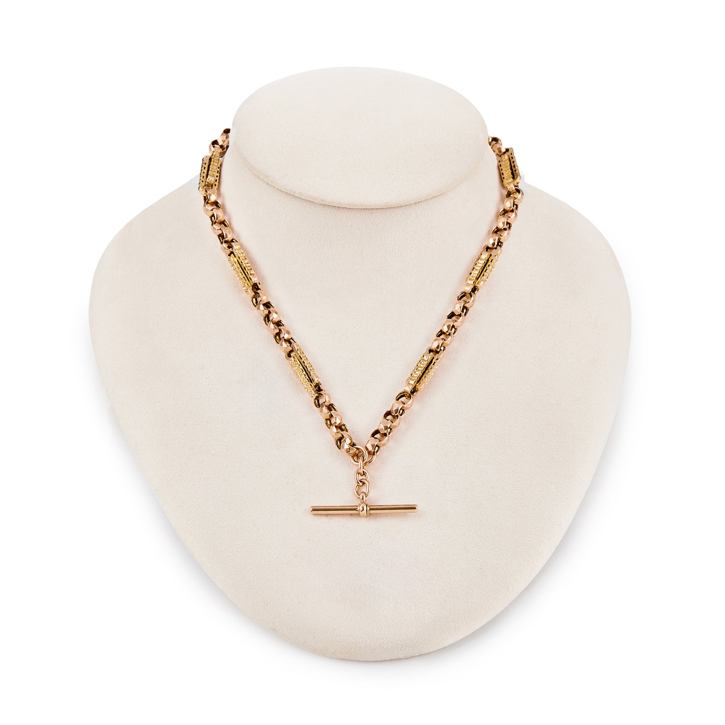 Sought after Victorian ornate link 9ct rose gold fob chain with two dog clips and a t-bar.