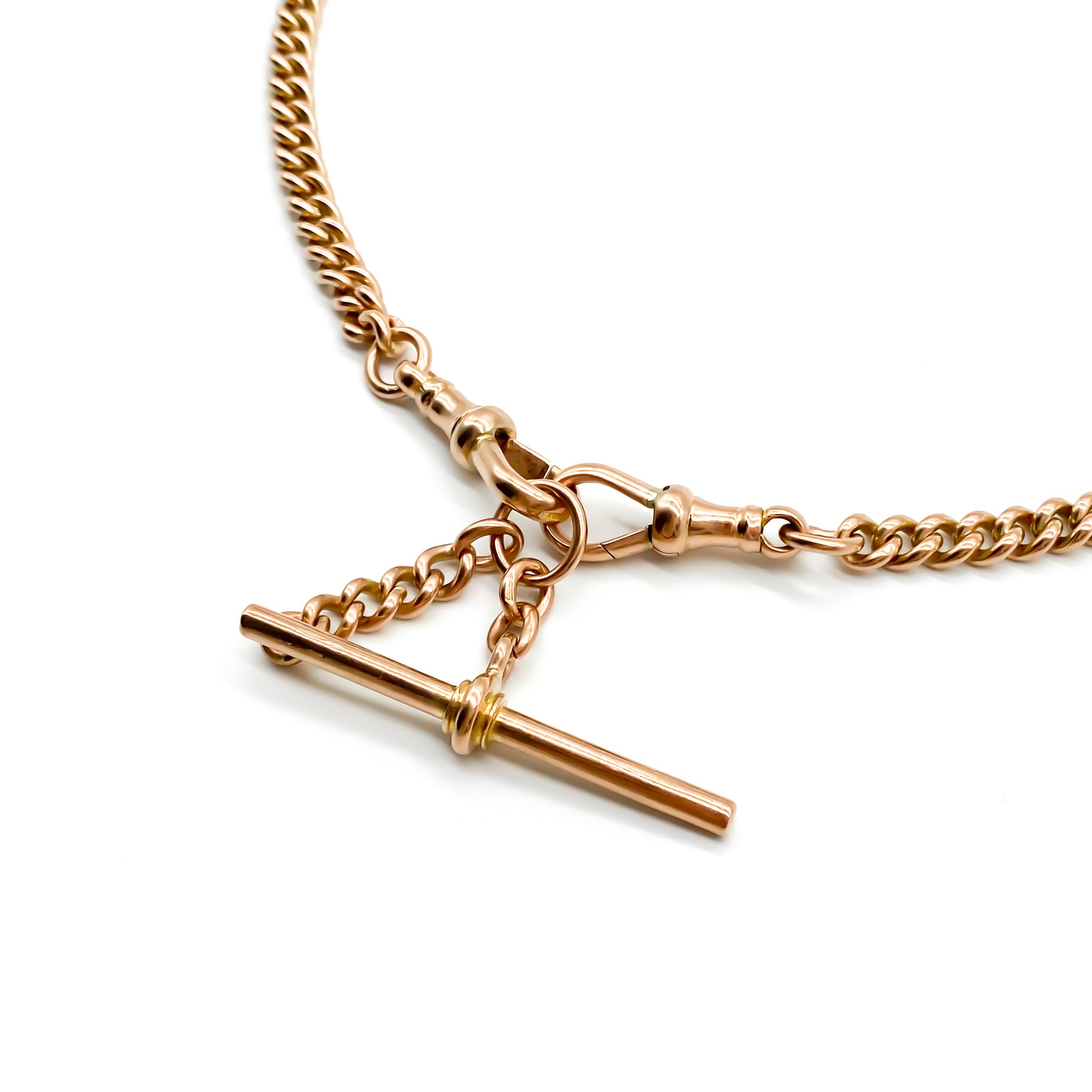 Classic Victorian 9ct rose gold fob chain with two dog-clips and a t-bar. Every link is stamped.