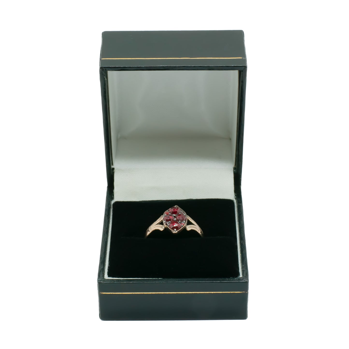 Dainty Victorian 9ct rose gold ring set with eight deep red faceted garnets.