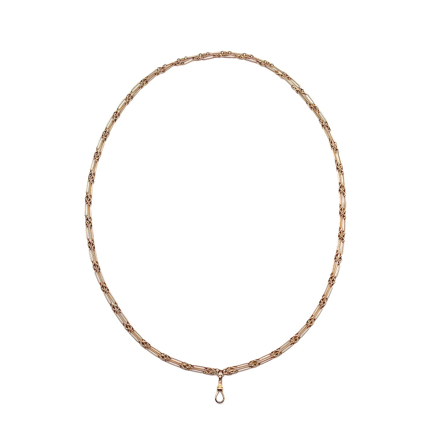 Lovely Victorian 9ct rose gold ornate paperclip link long guard double chain with a dog-clip.