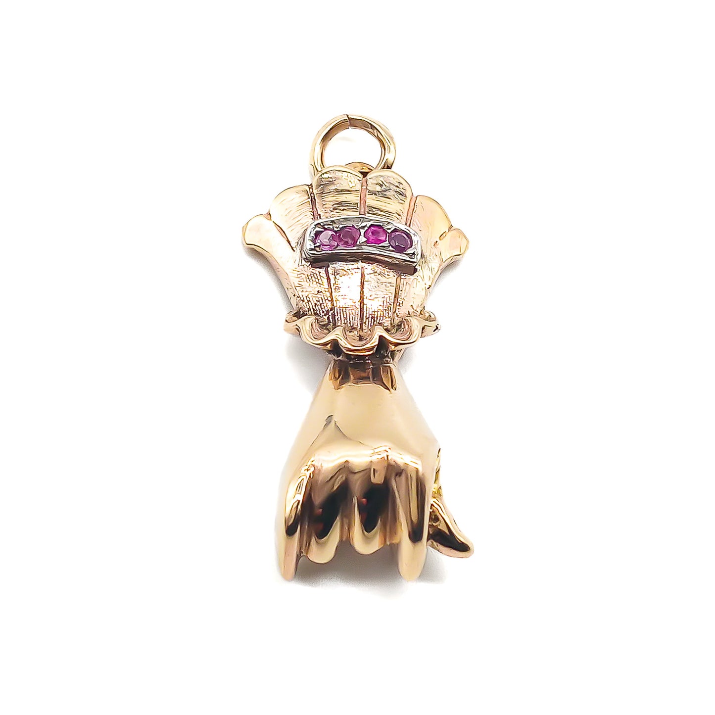 Sought-after Victorian 9ct rose gold hand pendant set with four faceted rubies.