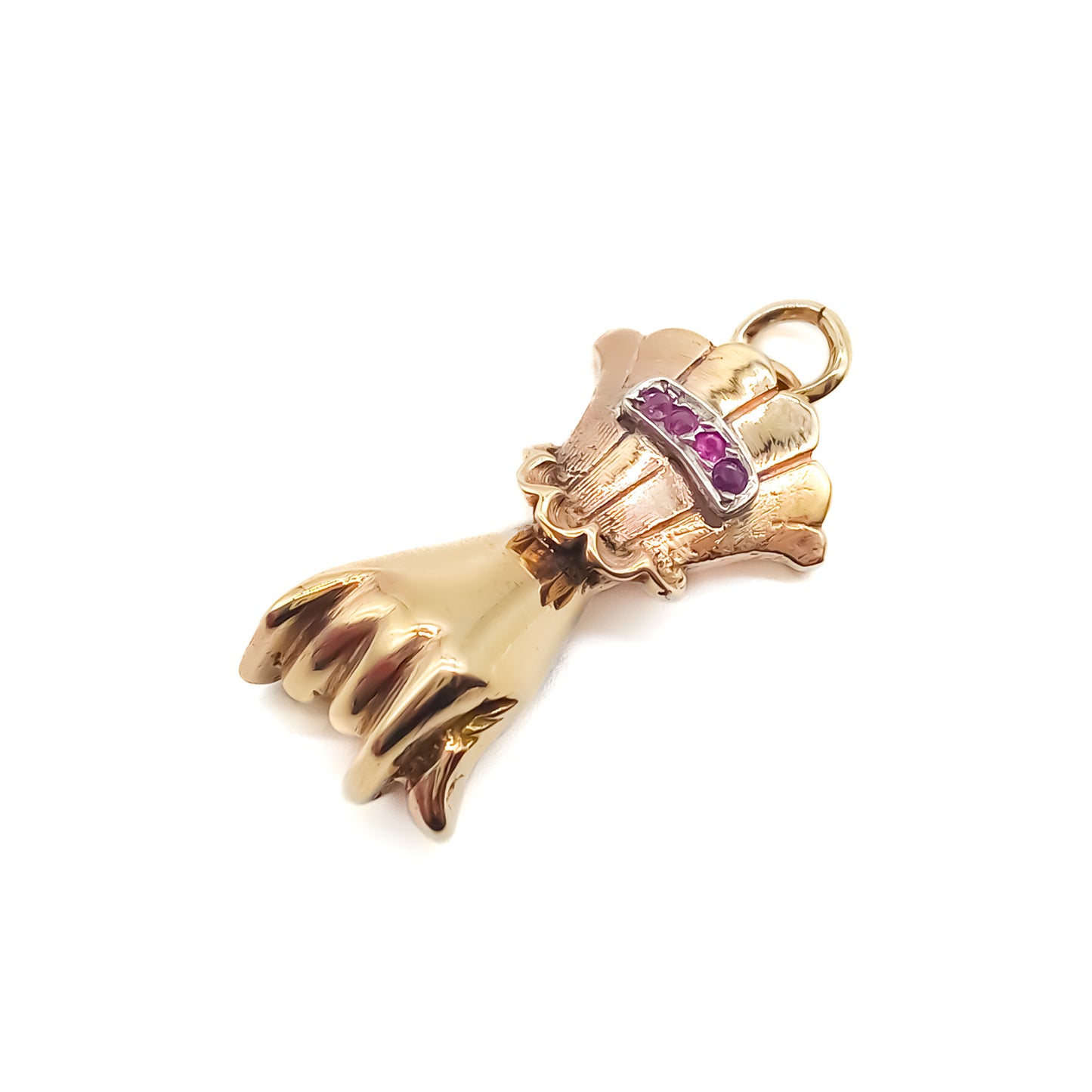 Sought-after Victorian 9ct rose gold hand pendant set with four faceted rubies.