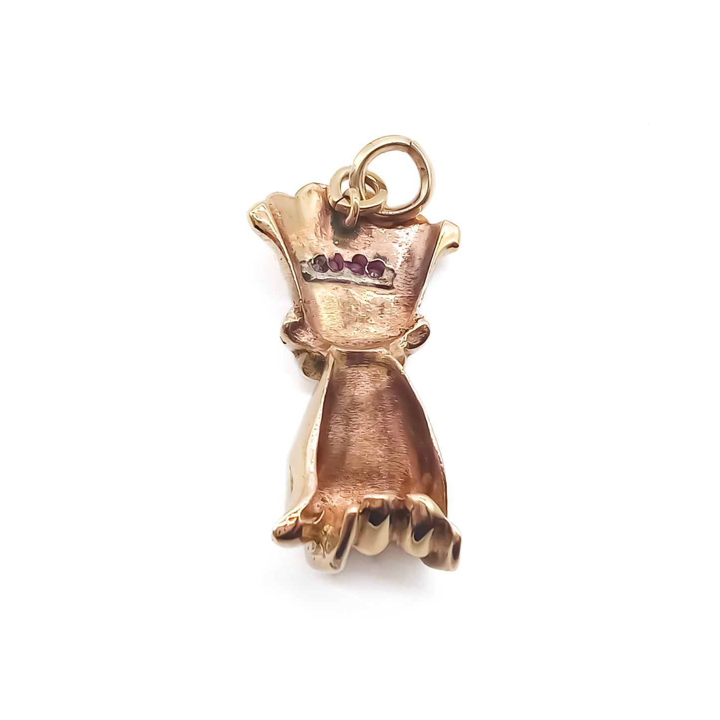 Sought-after Victorian 9ct rose gold hand pendant set with four faceted rubies.