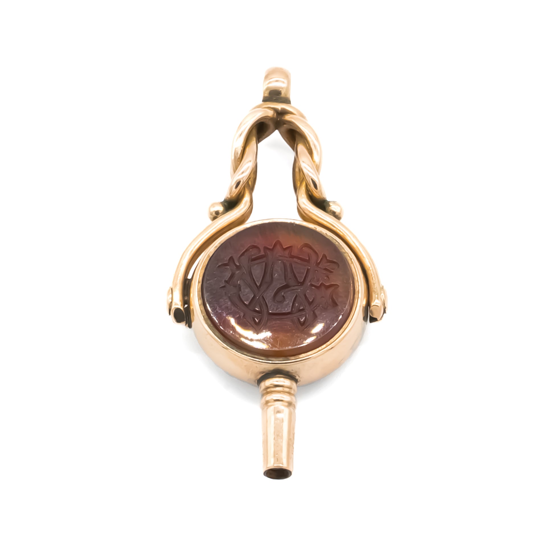 Classic Victorian 9ct rose gold swivel seal/watch key set with a carnelian intaglio and sardonyx.