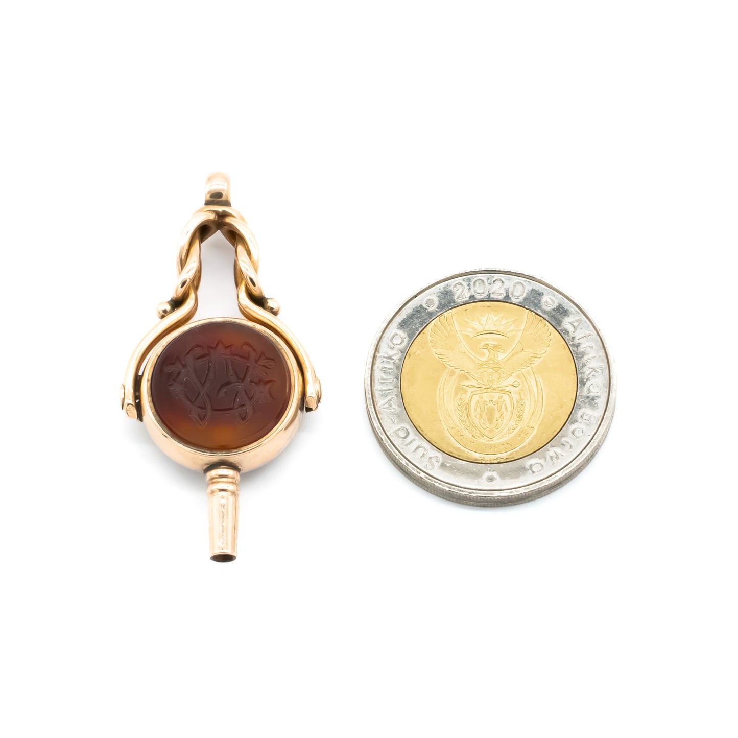 Classic Victorian 9ct rose gold swivel seal/watch key set with a carnelian intaglio and sardonyx.