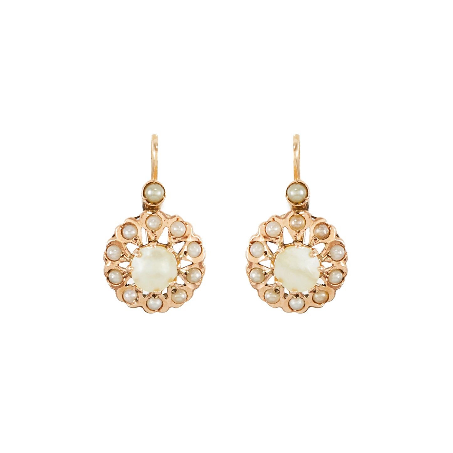 Lovely Victorian 9ct rose gold drop earrings, each set with eleven seed pearls and a half pearl in the centre.