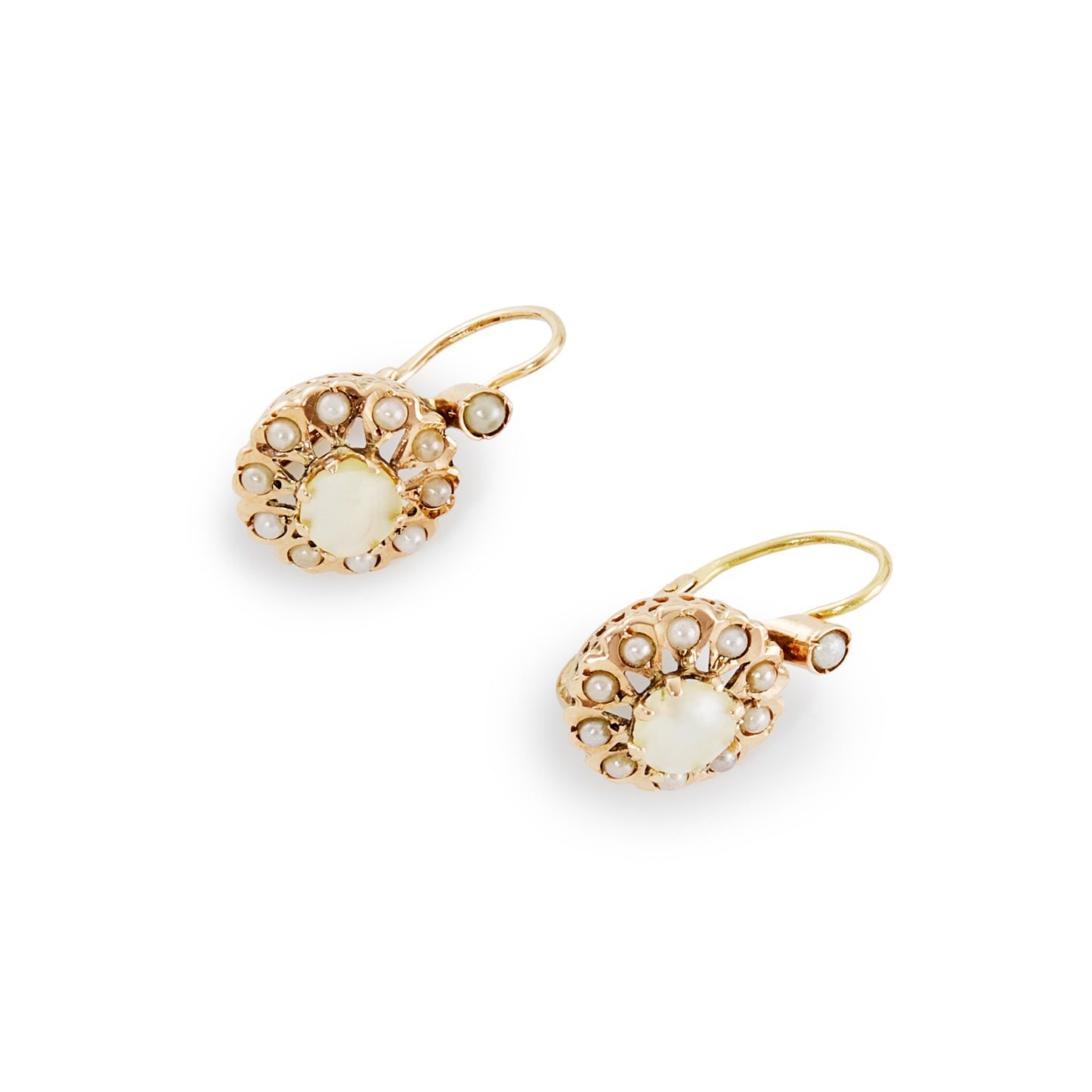 Lovely Victorian 9ct rose gold drop earrings, each set with eleven seed pearls and a half pearl in the centre.