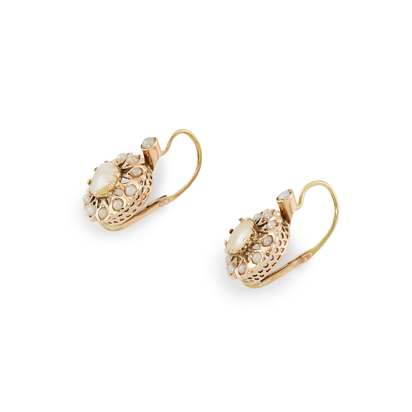Lovely Victorian 9ct rose gold drop earrings, each set with eleven seed pearls and a half pearl in the centre.