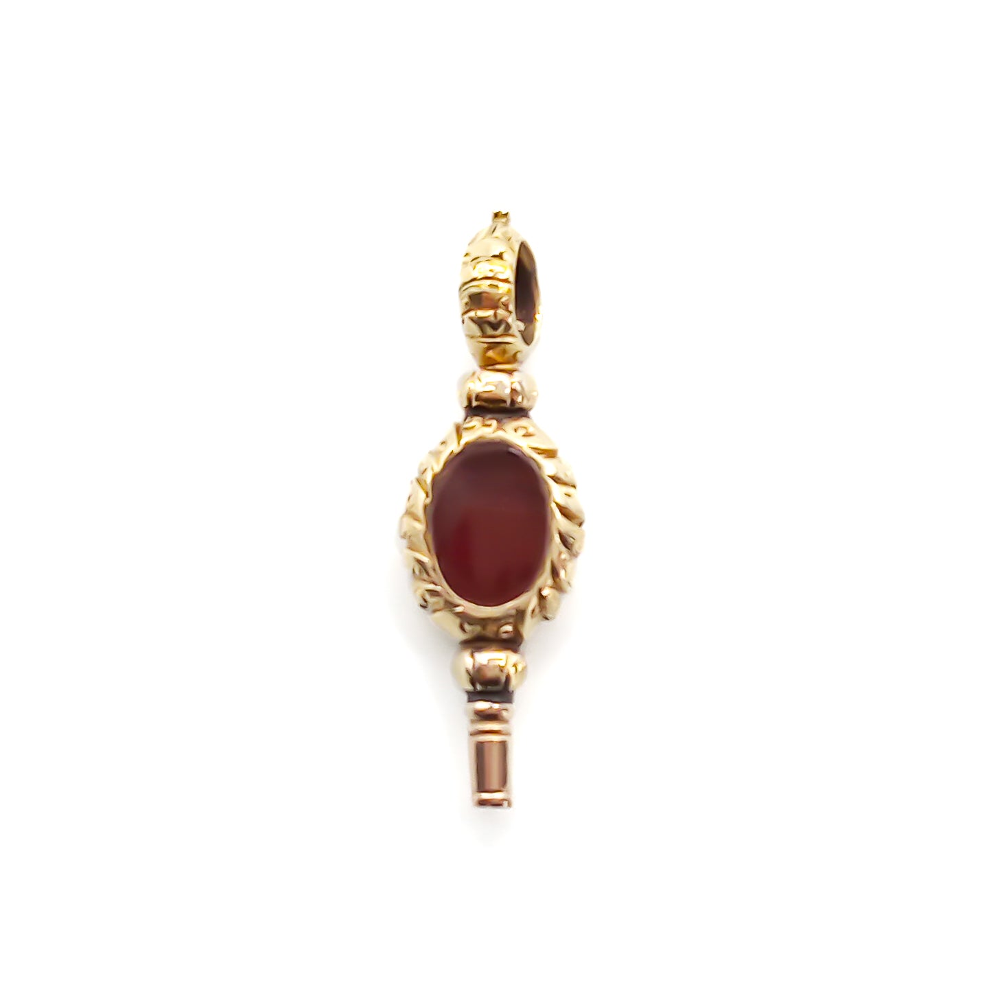 Beautifully engraved small 9ct gold Victorian watch key set with a bloodstone on one side and carnelian on the other.