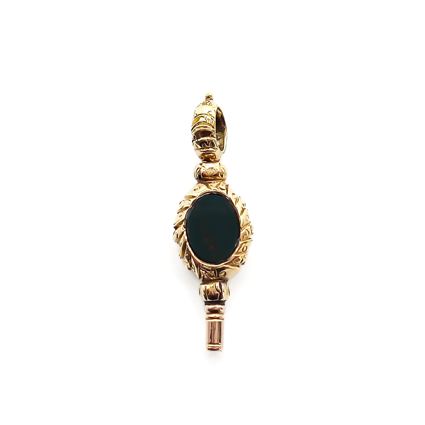 Beautifully engraved small 9ct gold Victorian watch key set with a bloodstone on one side and carnelian on the other.