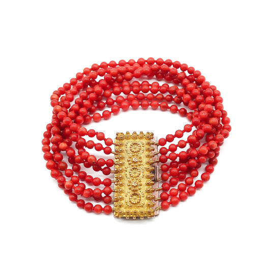 Gorgeous Victorian eight strand Mediterranean coral bracelet with an ornate ormolu clasp.