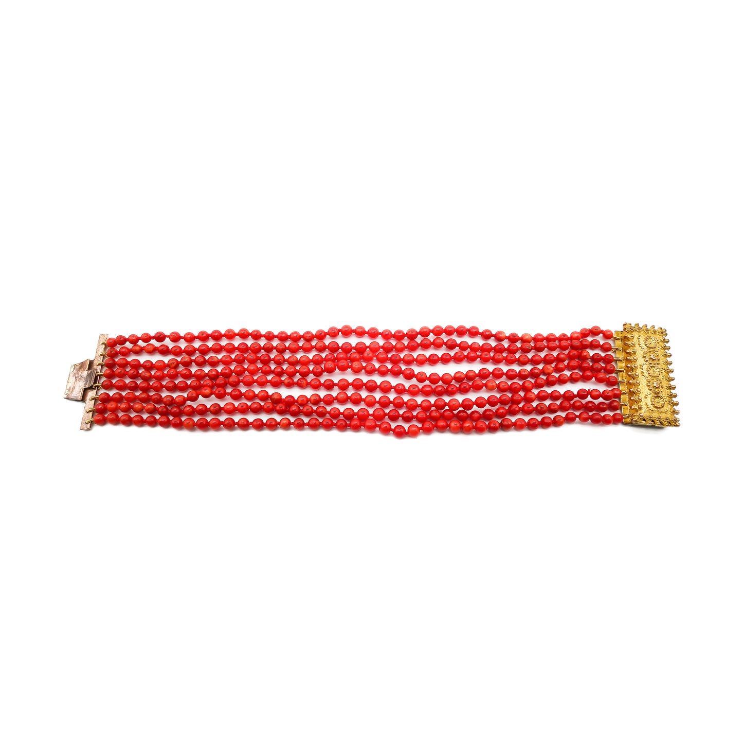 Gorgeous Victorian eight strand Mediterranean coral bracelet with an ornate ormolu clasp.