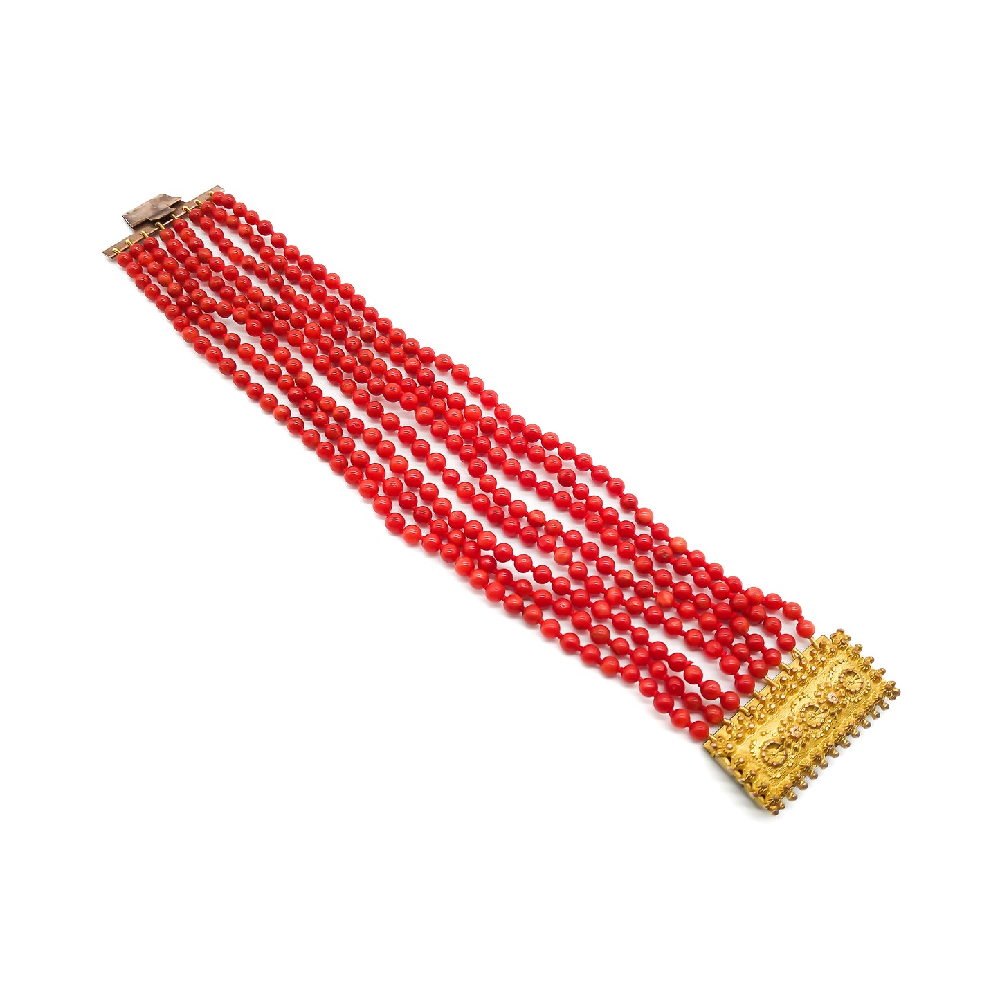 Gorgeous Victorian eight strand Mediterranean coral bracelet with an ornate ormolu clasp.